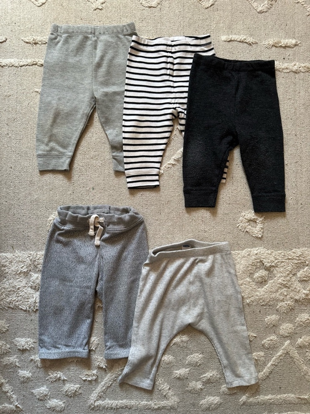 3-6M Baby Neutral Bottoms Set - Gray, Black, Striped